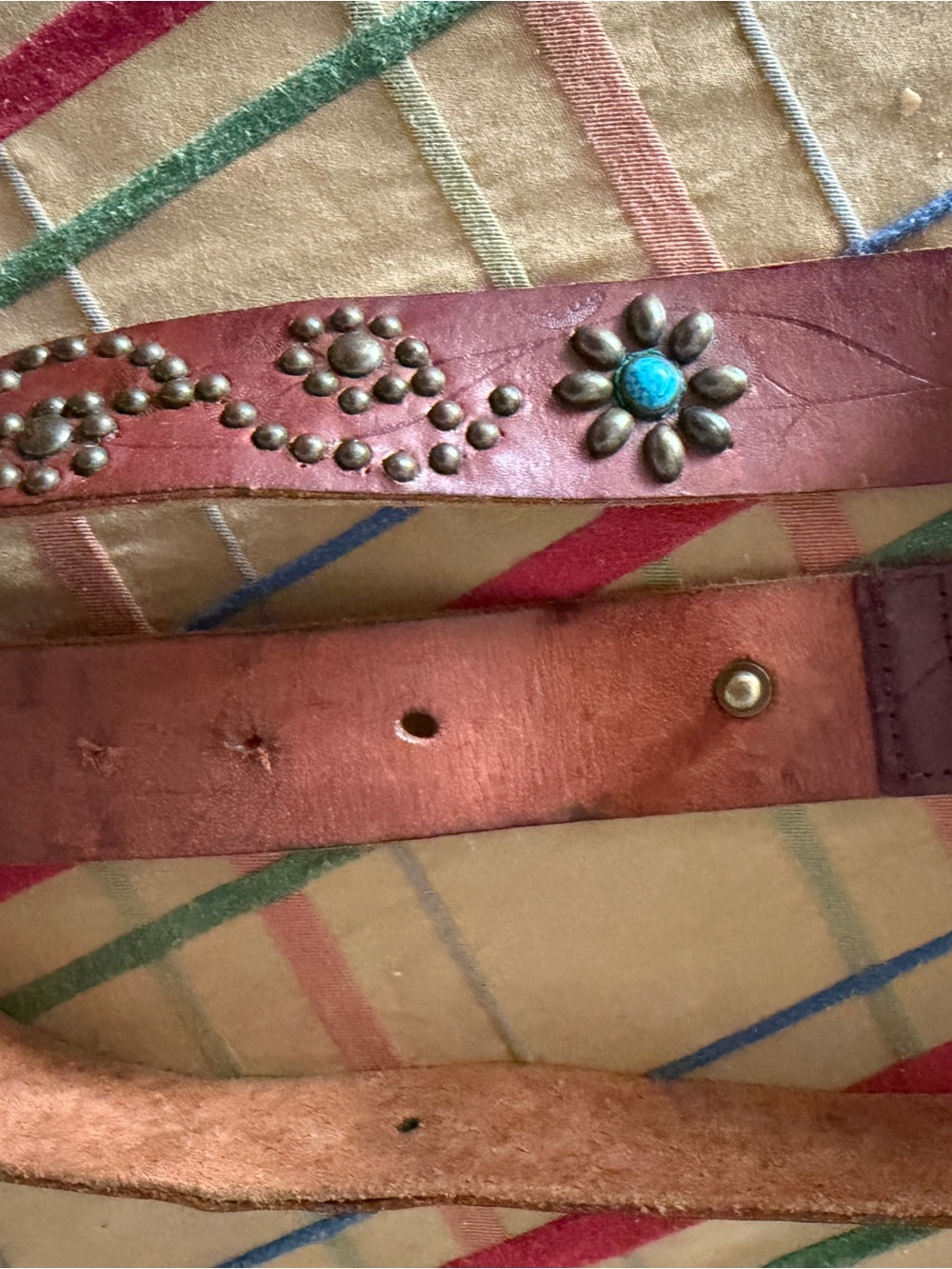 Women's Studded Leather Belt with Turquoise Accents - Brown - Picture 5 of 8
